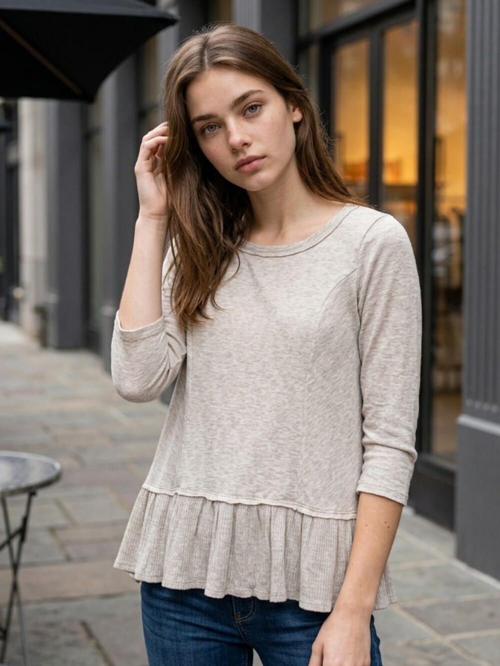 Oatmeal Peplum Top XS Ribbed Ruffle Hem 3/4 Sleeve Lightweight Knit Blouse Alya